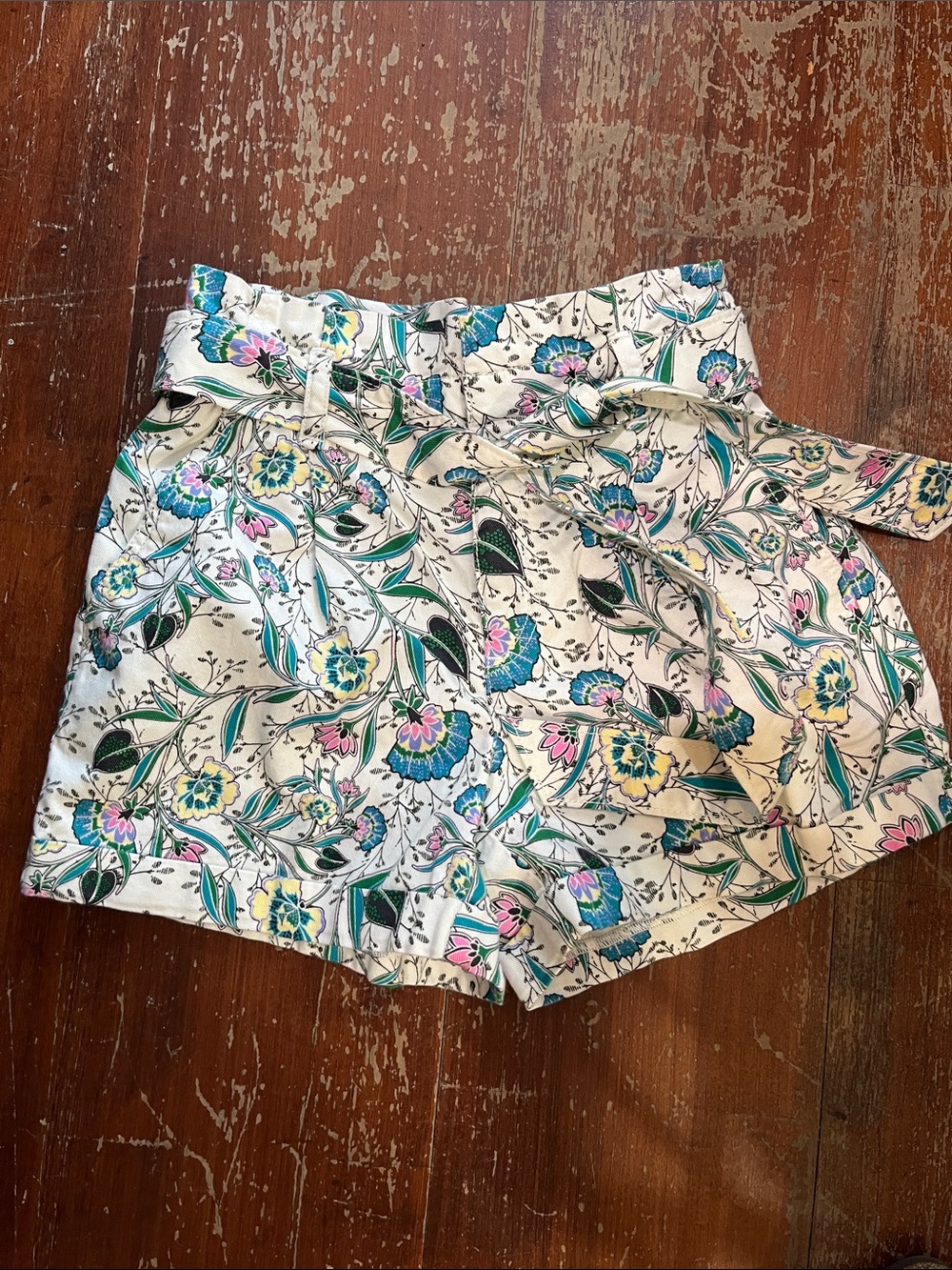 LOFT Cream Floral High-Rise Tie Belt Shorts